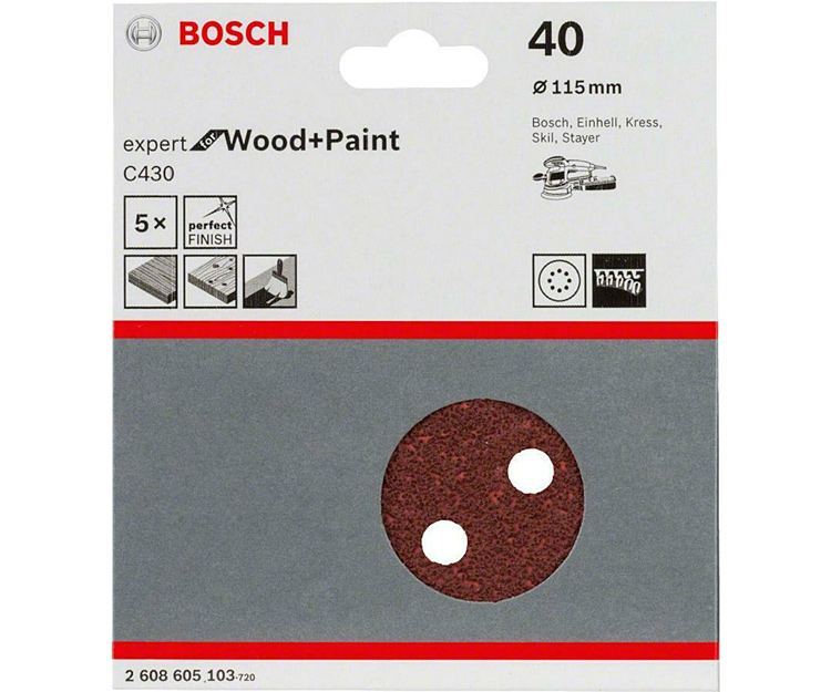 5 шлифлистов BOSCH C430 Expert for Wood + Paint 115 K40 (2608605103)