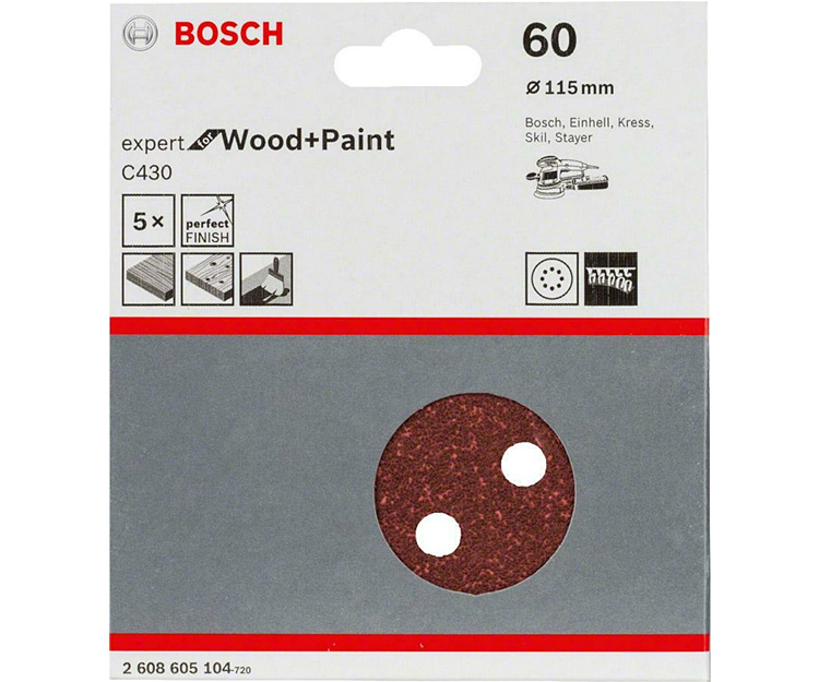 5 шлифлистов BOSCH C430 Expert for Wood + Paint 115 K60 (2608605104)