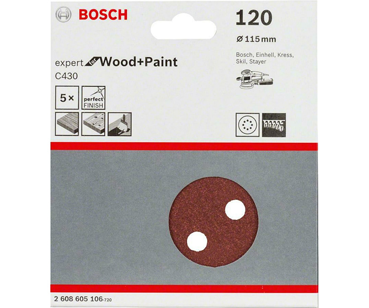 5 шлифлистов BOSCH C430 Expert for Wood + Paint 115 K120 (2608605106)
