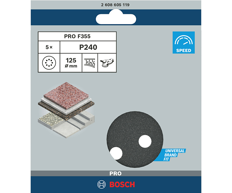 5 шлифлистов BOSCH F355 Best for Coatings + Composites 125 К240 (2608605119)