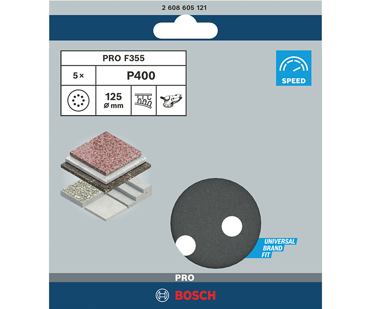 5 шлифлистов BOSCH F355 Best for Coatings + Composites 125 К400 (2608605121)
