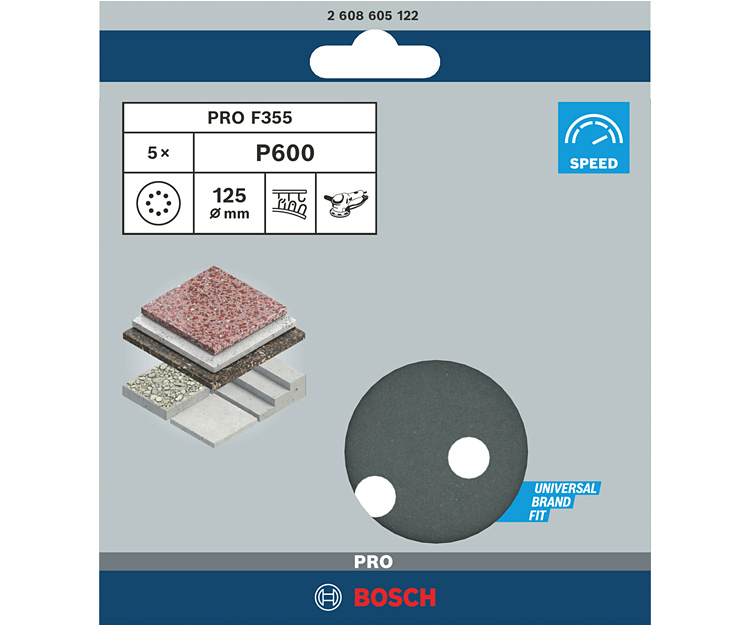 5 шлифлистов BOSCH F355 Best for Coatings + Composites 125 К600 (2608605122)
