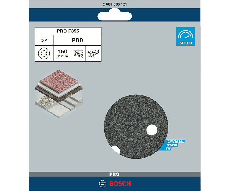 5 шлифлистов BOSCH F355 Best for Coatings + Composites 150 К80 (2608605124)
