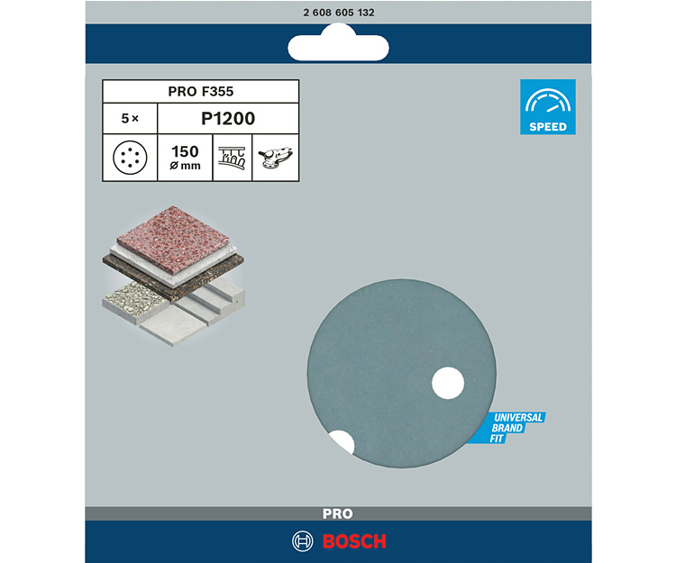 5 шлифлистов BOSCH F355 Best for Coatings + Composites 150 К1200 (2608605132)