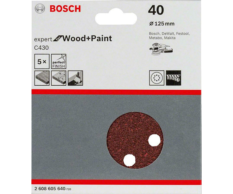 5 шлифлистов BOSCH C430 Expert for Wood + Paint 125 K40 (2608605640)