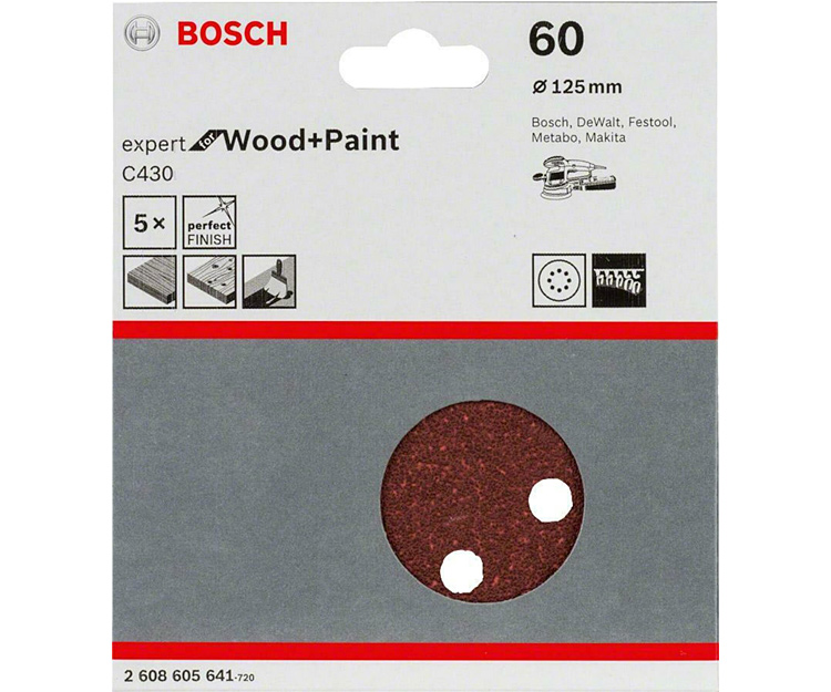 5 шлифлистов BOSCH C430 Expert for Wood + Paint 125 K60 (2608605641)