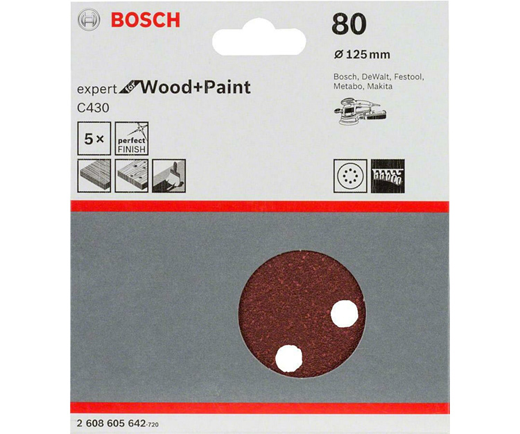 5 шлифлистов BOSCH C430 Expert for Wood + Paint 125 K80 (2608605642)