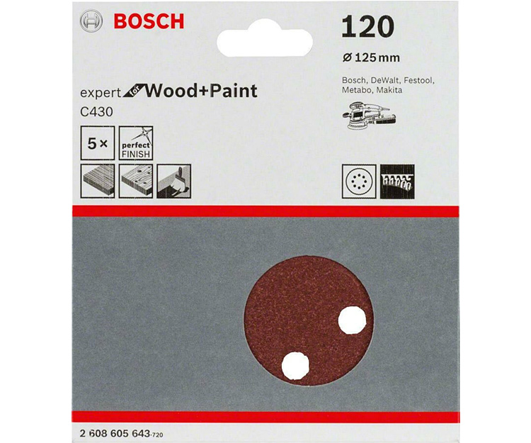 5 шлифлистов BOSCH C430 Expert for Wood + Paint 125 K120 (2608605643)