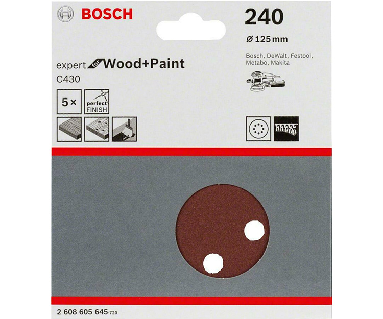 5 шлифлистов BOSCH C430 Expert for Wood + Paint 125 K240 (2608605645)