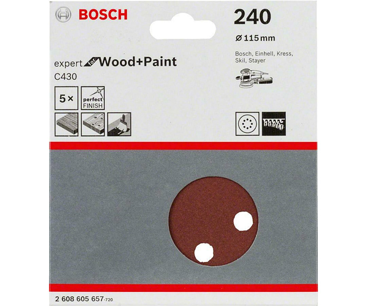 5 шлифлистов BOSCH C430 Expert for Wood + Paint 115 K240 (2608605657)