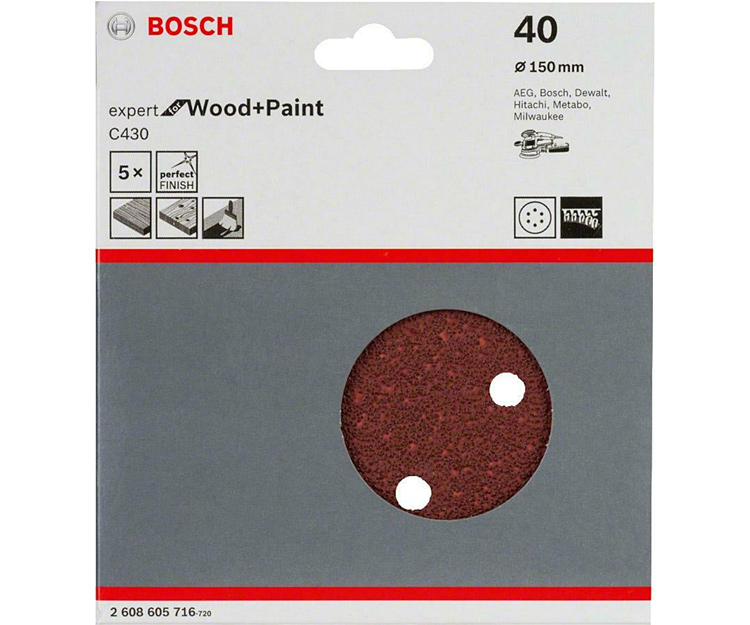 5 шлифлистов BOSCH C430 Expert for Wood + Paint 150 K40 (2608605716)