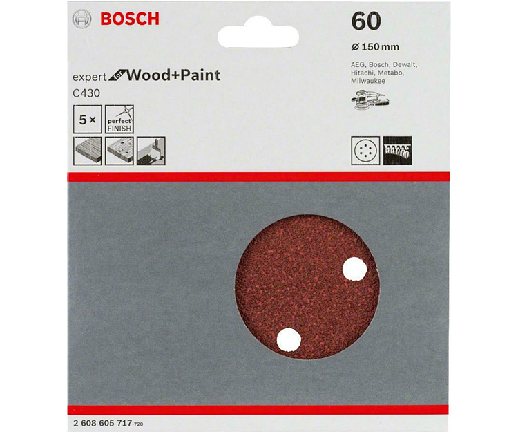 5 шлифлистов BOSCH C430 Expert for Wood + Paint 150 K60 (2608605717)