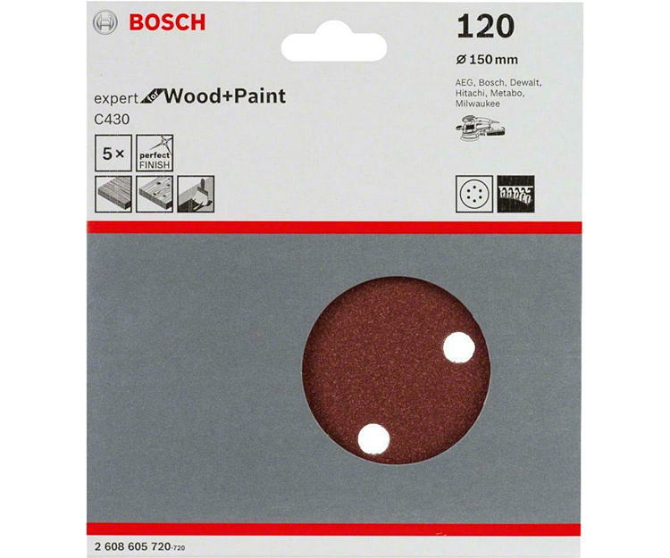 5 шлифлистов BOSCH C430 Expert for Wood + Paint 150 K120 (2608605720)